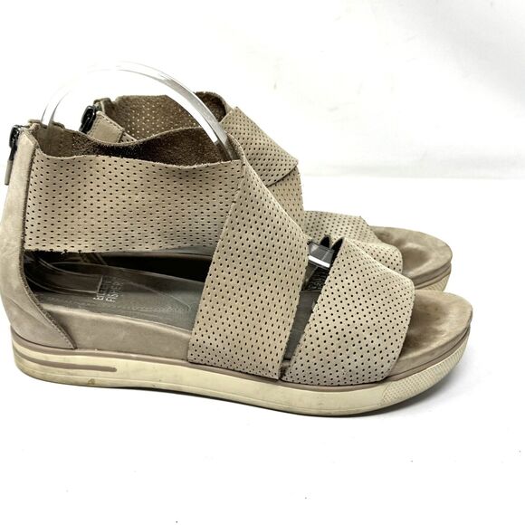 Eileen Fisher Beige Nubuck Leather Platform Sandals Cross Strap Back Zip - Picture 1 of 5